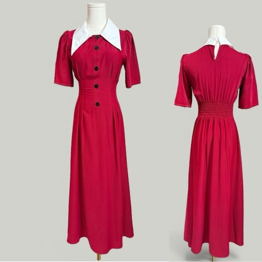 Dress Women Size Small Red Long Exaggerated Collar Puff Sleeves Sinch Waist